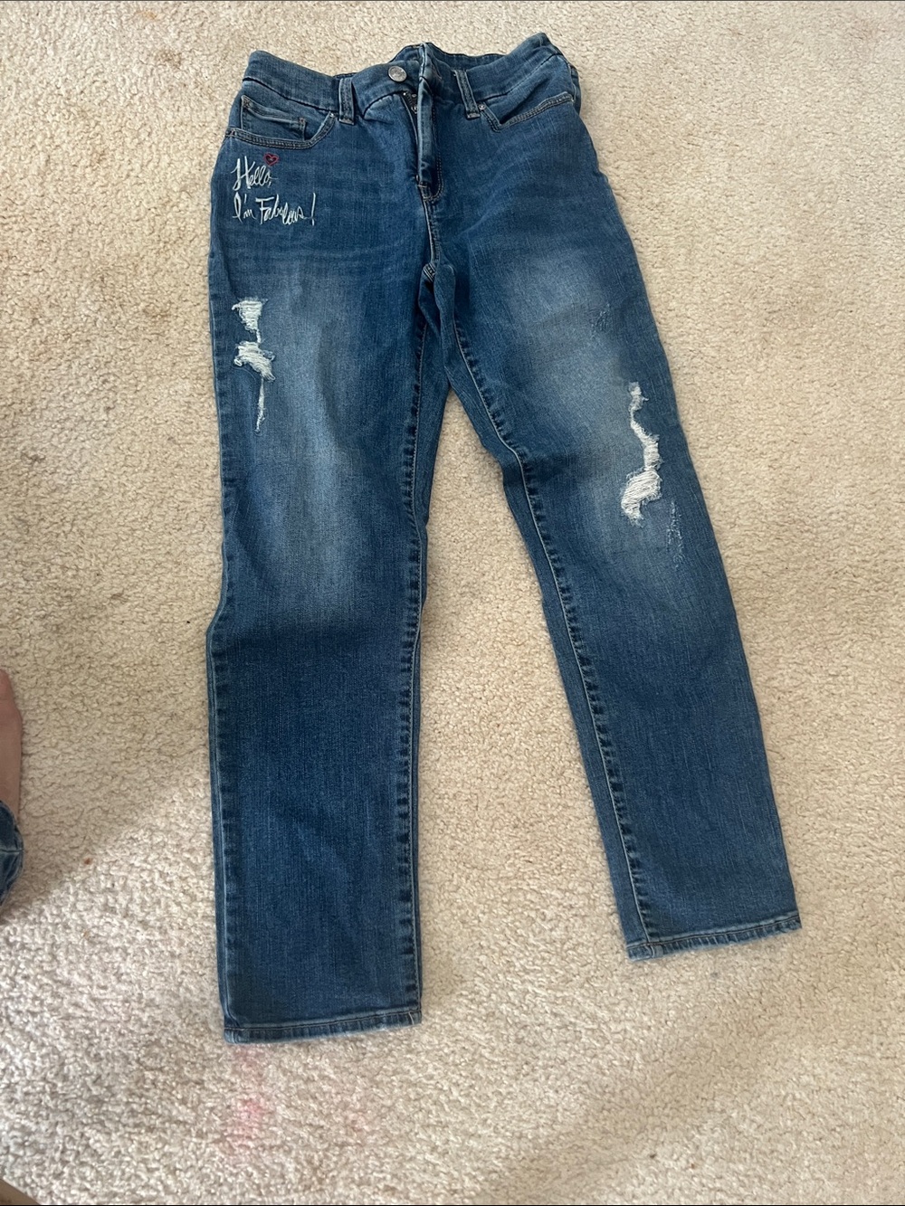 Chico's women’s Straight Jeans in Dark Blue with Distressed Accents